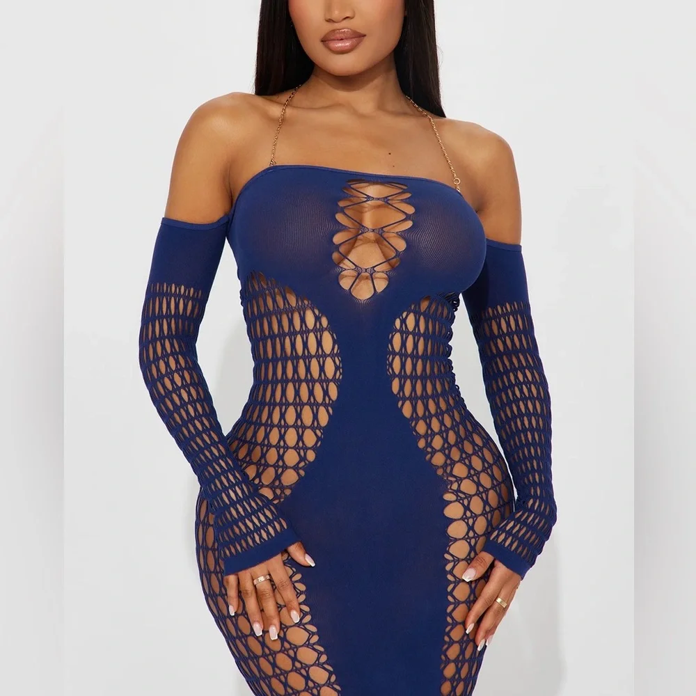 NWT Fashion Nova “Take A Risk” Maxi Dress Bodystocking Netted Dreamgirl Blue - Picture 3 of 5